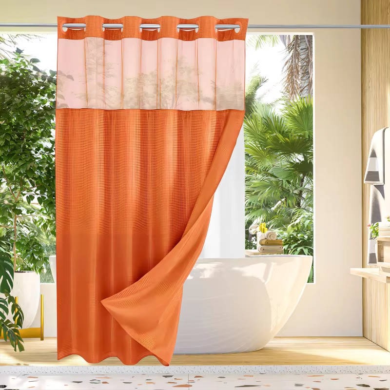Hookless Shower Curtain with Integrated Liner and Mesh Window Panel
