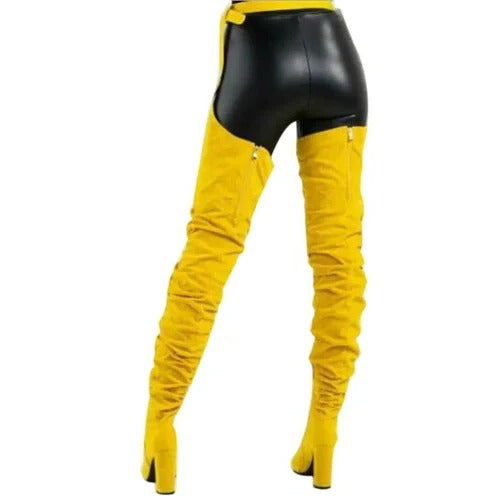 Women’s Thigh High Slouch Boots with High Waist Belt and Chunky Heel