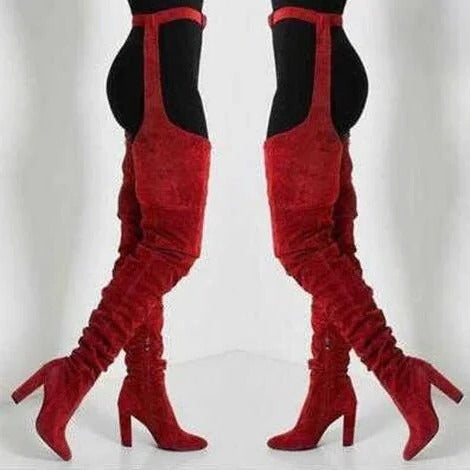 Women’s Thigh High Slouch Boots with High Waist Belt and Chunky Heel