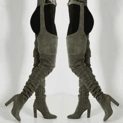 Women’s Thigh High Slouch Boots with High Waist Belt and Chunky Heel
