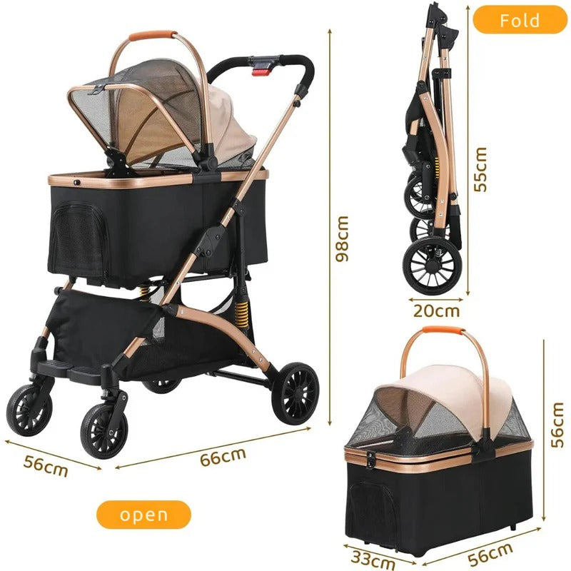 Foldable Pet Stroller with Detachable Transport Box and Rear Brake, 88lb Capacity