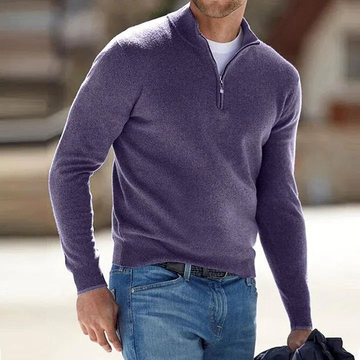 Men Long Sleeve Sweater with Zipper Front and Solid Color Design