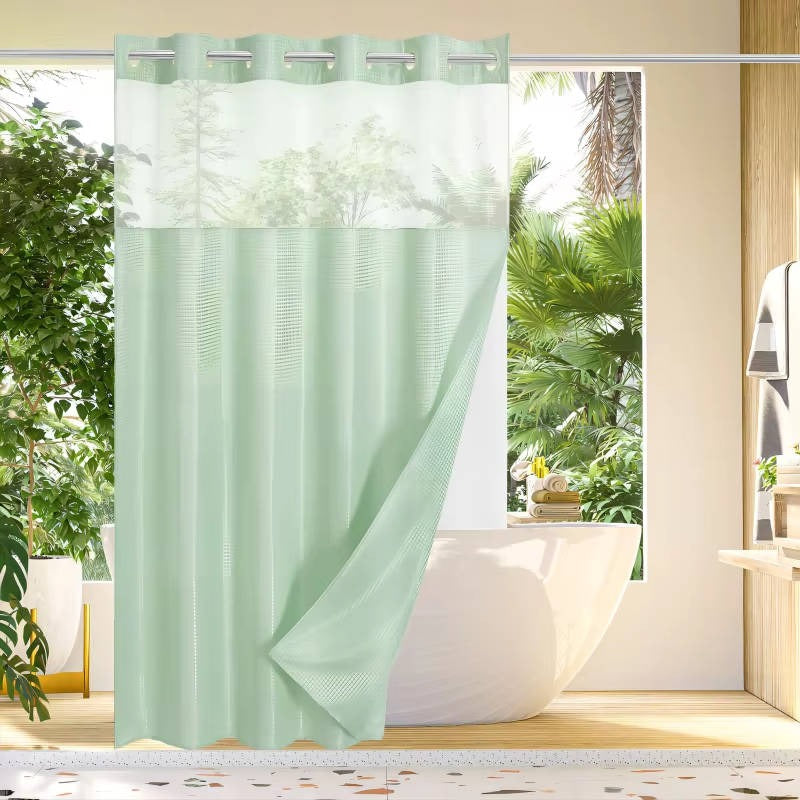 Hookless Shower Curtain with Integrated Liner and Mesh Window Panel