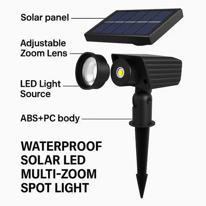 Solar LED Spotlight with Adjustable Zoom and RGB Color Modes, IP65 Outdoor