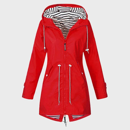 Women Long Hooded Rain Jacket with Adjustable Drawstring Hood and Water Repellent Fabric