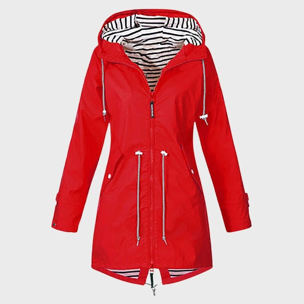 Women Long Hooded Rain Jacket with Adjustable Drawstring Hood and Water Repellent Fabric