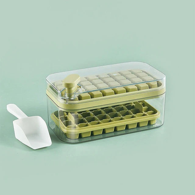 Ice Tray System with Push Release Mechanism and Storage Compartment, Includes Scoop