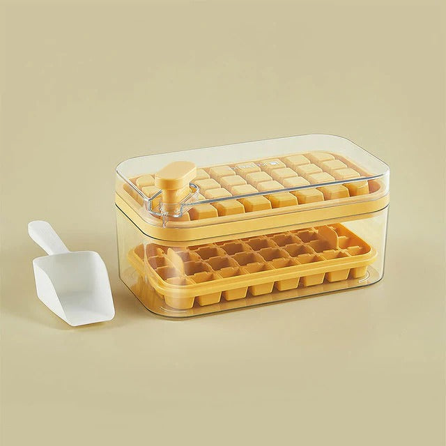 Ice Tray System with Push Release Mechanism and Storage Compartment, Includes Scoop