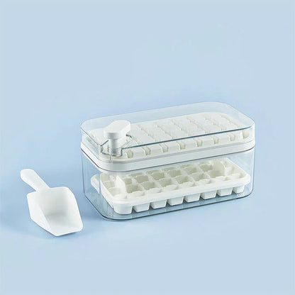 Ice Tray System with Push Release Mechanism and Storage Compartment, Includes Scoop