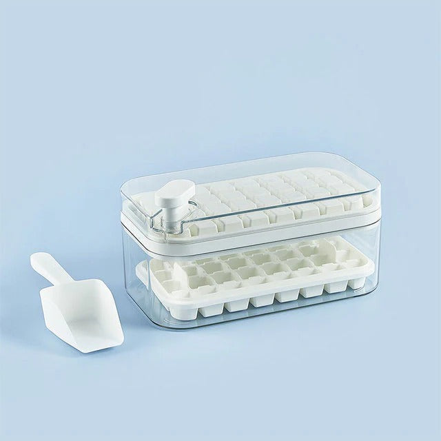 Ice Tray System with Push Release Mechanism and Storage Compartment, Includes Scoop