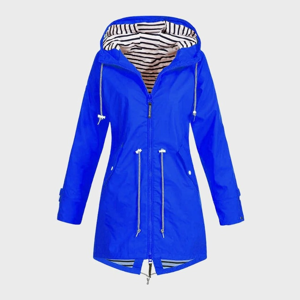 Women Long Hooded Rain Jacket with Adjustable Drawstring Hood and Water Repellent Fabric