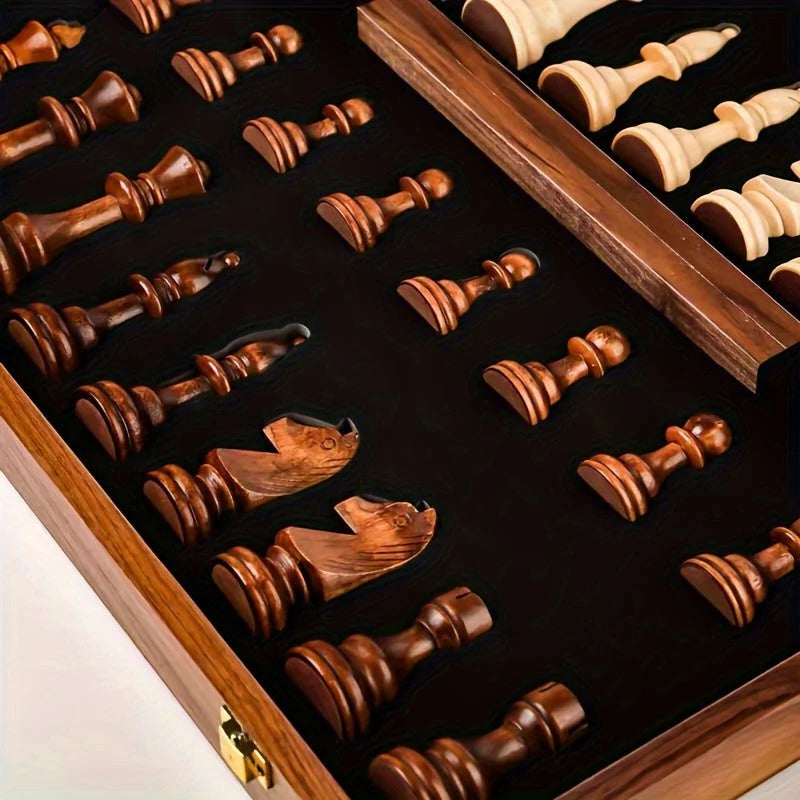 Chess Set with Solid Wood Board and 34 Carved Pieces, 15.7 x 15.7 in