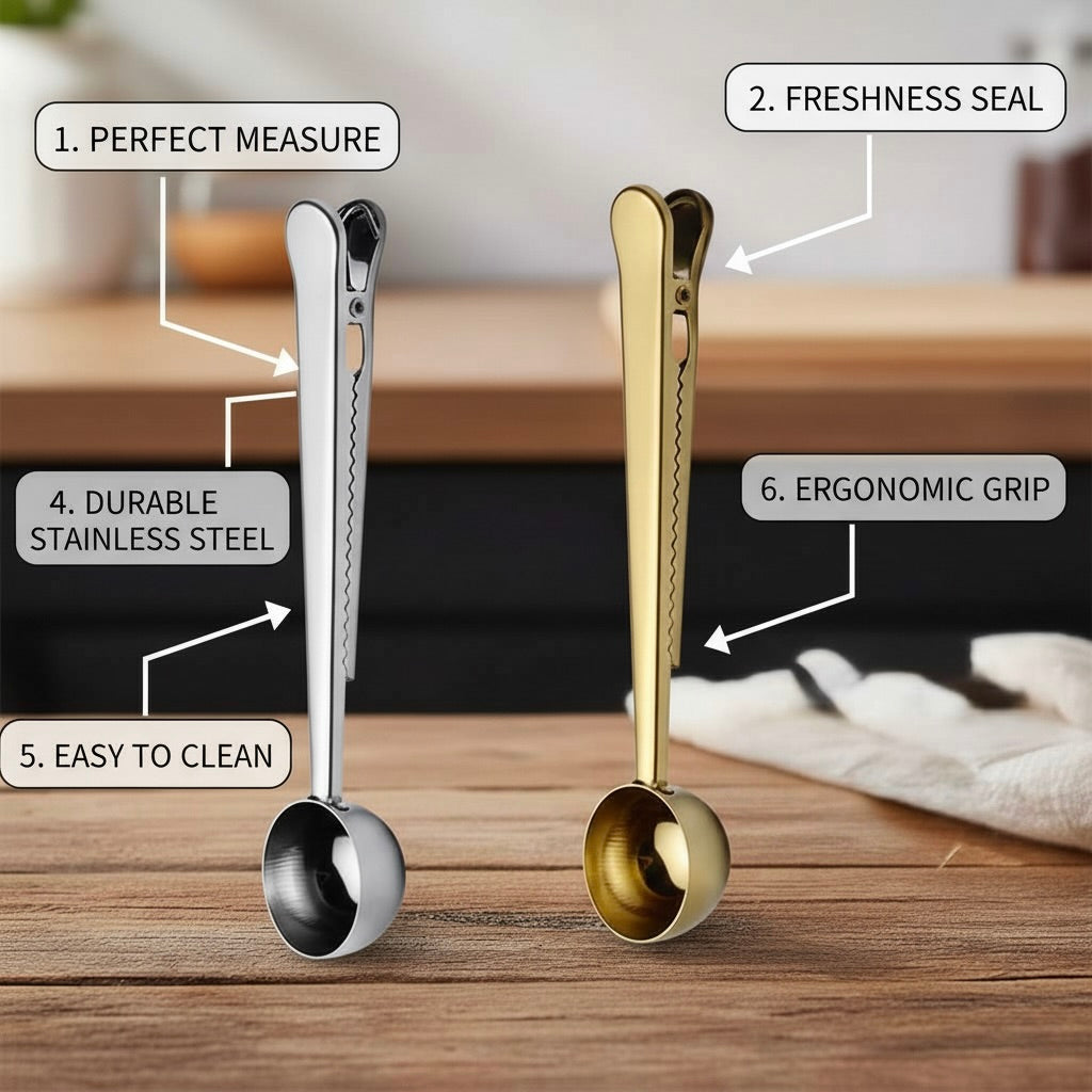 Tea Scoop with Built-In Bag Clip and One Teaspoon Measure, Stainless Steel