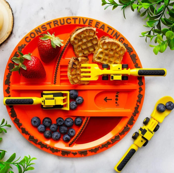 Children's Sectioned Plate with Soft Grip Utensils and Construction Theme for Ages 12 Months Up