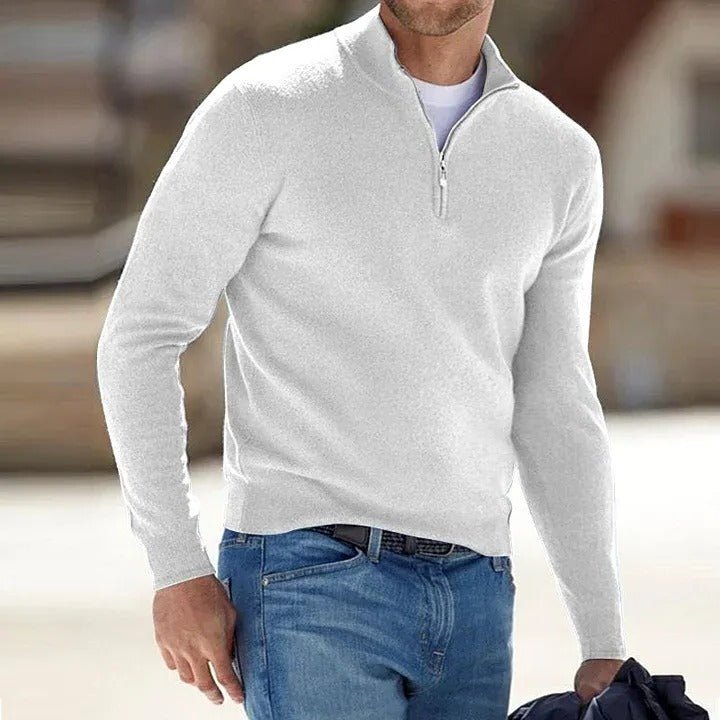 Men Long Sleeve Sweater with Zipper Front and Solid Color Design
