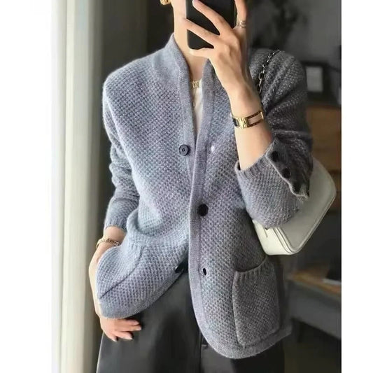 Insulated Sweater Jacket with Thick Knit and High Collar, Front Pockets