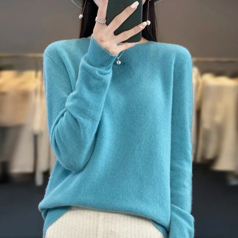 Wool Sweater with O-Neck Collar and Medium Stretch, Slim Fit