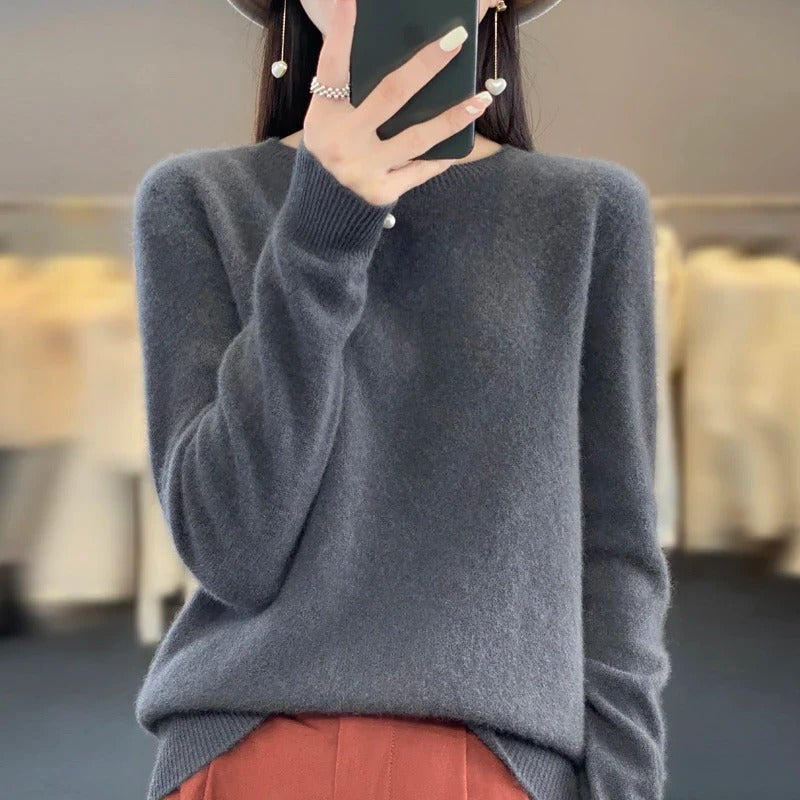Wool Sweater with O-Neck Collar and Medium Stretch, Slim Fit