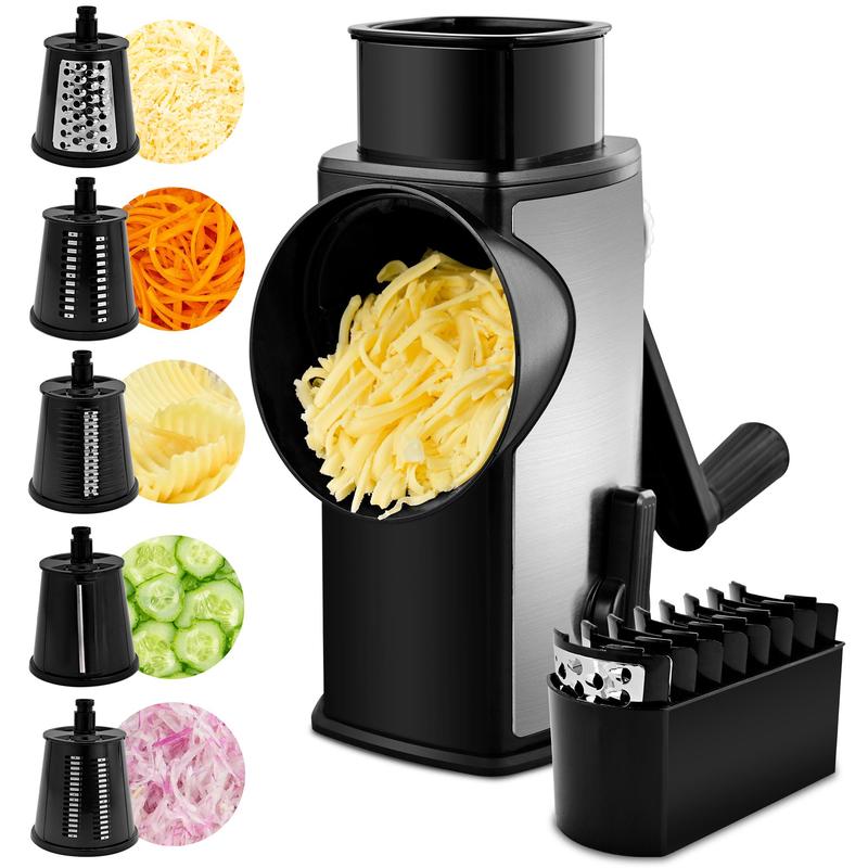 Rotary Grater with Five Interchangeable Blades and Suction Cup Base