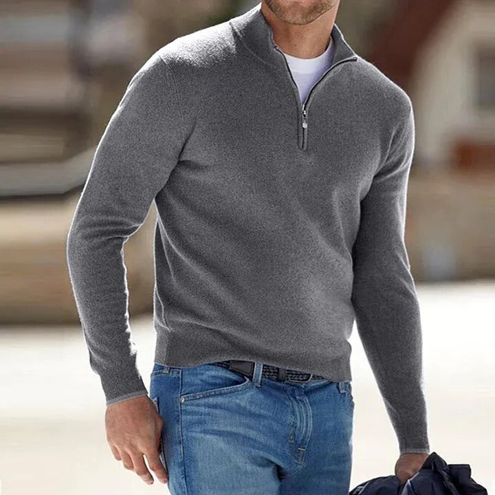 Men Long Sleeve Sweater with Zipper Front and Solid Color Design