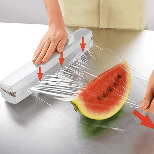 Plastic Wrap Dispenser with Spring Loaded Cutter and Multi-Material Compatibility