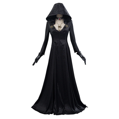 Vampire Lady Cosplay Costume with Jacquard Coat and Satin Dress, Neckband and Tattoo Stickers