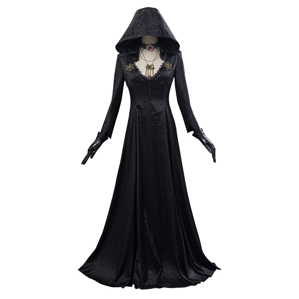 Vampire Lady Cosplay Costume with Jacquard Coat and Satin Dress, Neckband and Tattoo Stickers