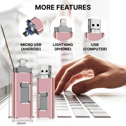 Multi Port USB Flash Drive with 32GB Storage and Four Connectors for Phones and Computers