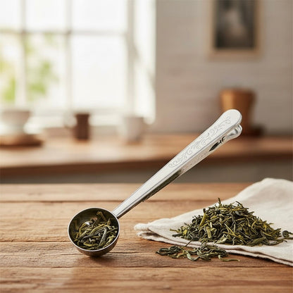 Tea Scoop with Built-In Bag Clip and One Teaspoon Measure, Stainless Steel