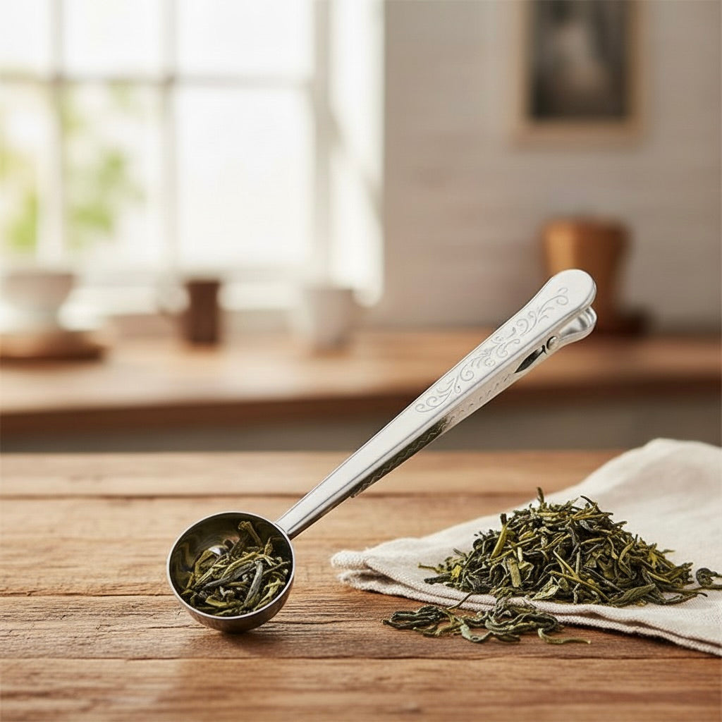 Tea Scoop with Built-In Bag Clip and One Teaspoon Measure, Stainless Steel