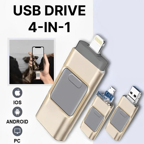 Multi Port USB Flash Drive with 32GB Storage and Four Connectors for Phones and Computers