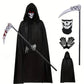 Grim Reaper Costume with Glowing Red Eyes and Skeleton Gloves, Three Piece Scythe