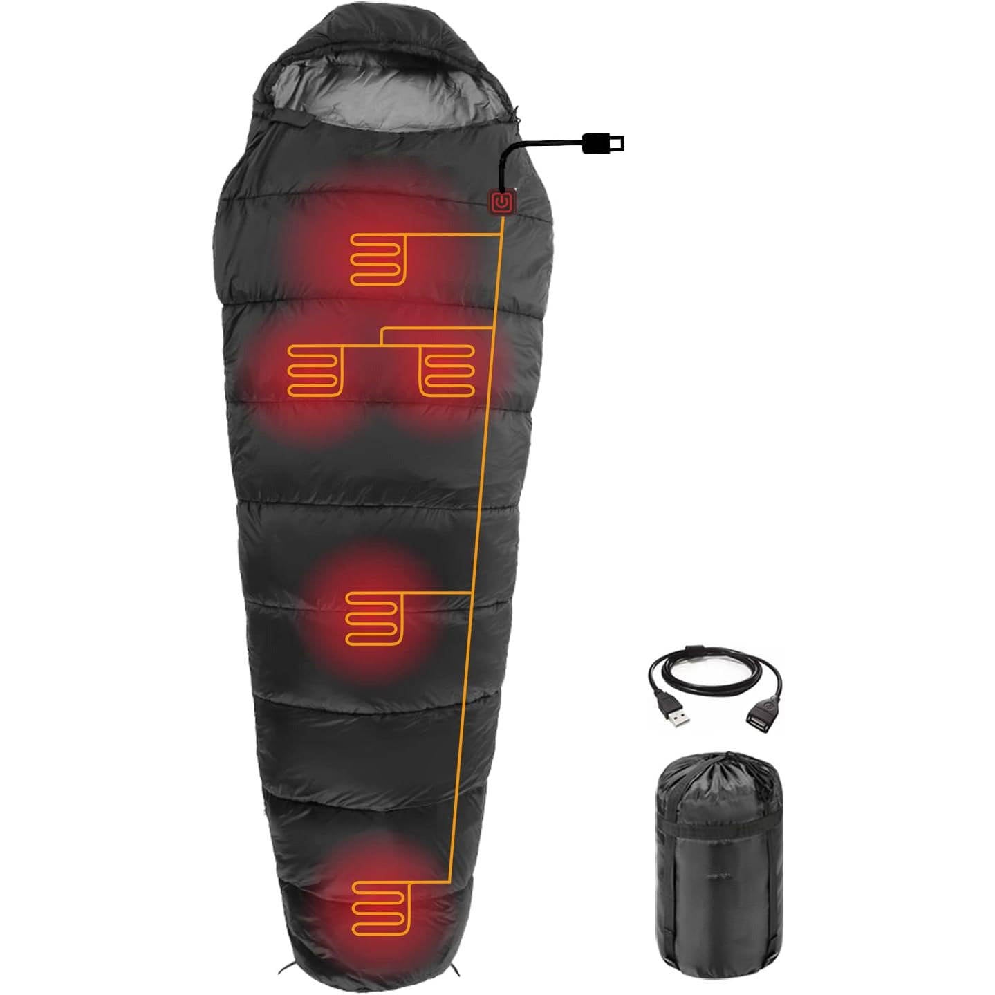 Heated Sleeping Bag, 5 Heating Pads with USB Power Support, Portable Mummy Style Sleeping Bag for Camping