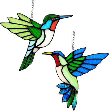 2 Pcs Hummingbird Stained Glass Window Hanging Suncatchers, Handmade Copper Foil Sun Catcher Decor