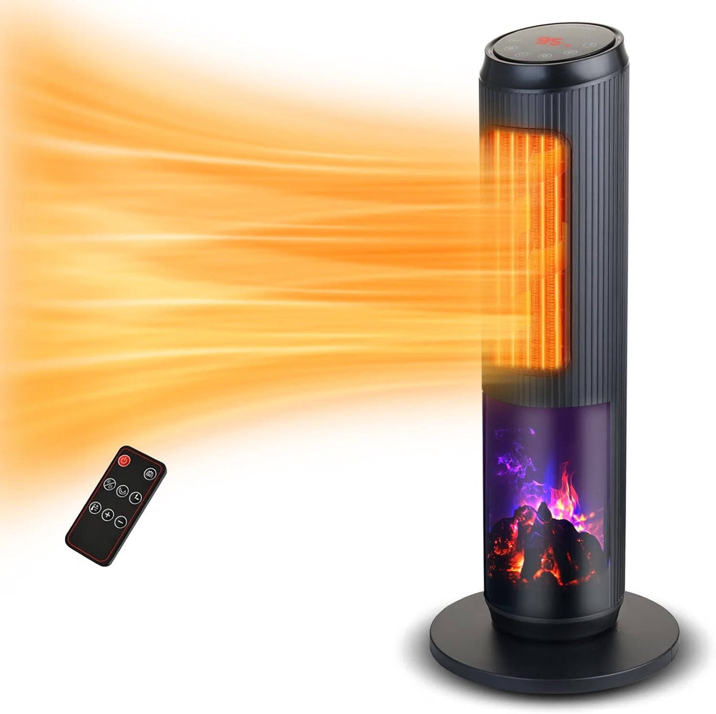 27" Ceramic Tower Space Heater, Electric Heater for Large Rooms with 3D Flame, Oscillation & Remote Control