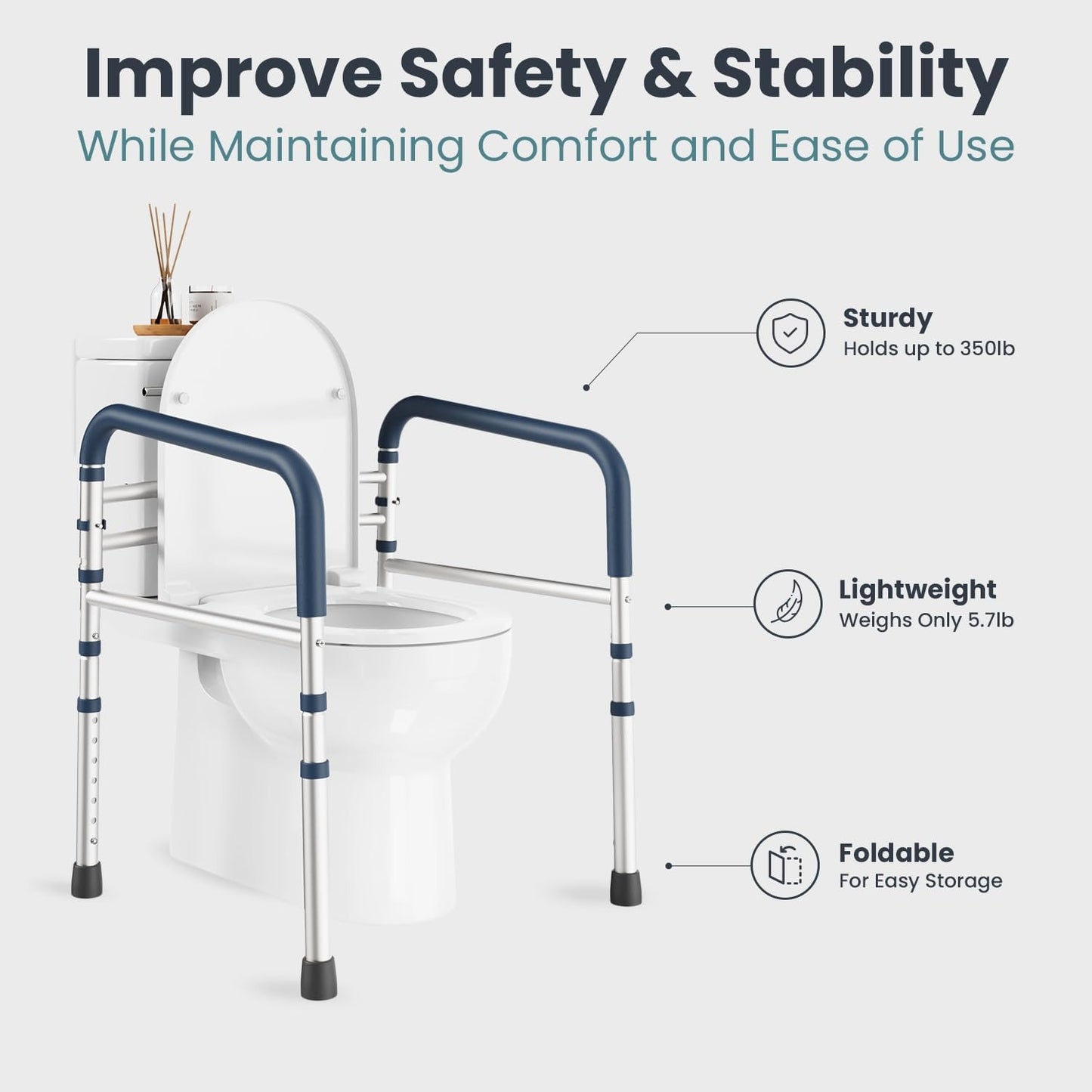 Toilet Safety Rails, Adjustable Toilet Safety Frame with Handles for Elderly Adults, Seniors and Handicap
