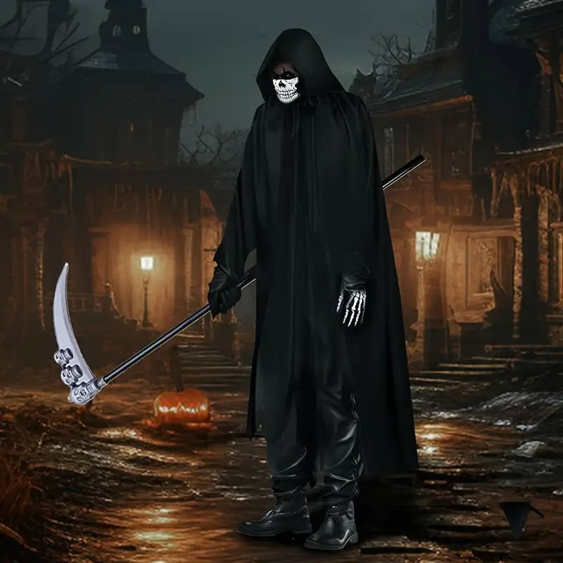 Grim Reaper Costume with Glowing Red Eyes and Skeleton Gloves, Three Piece Scythe