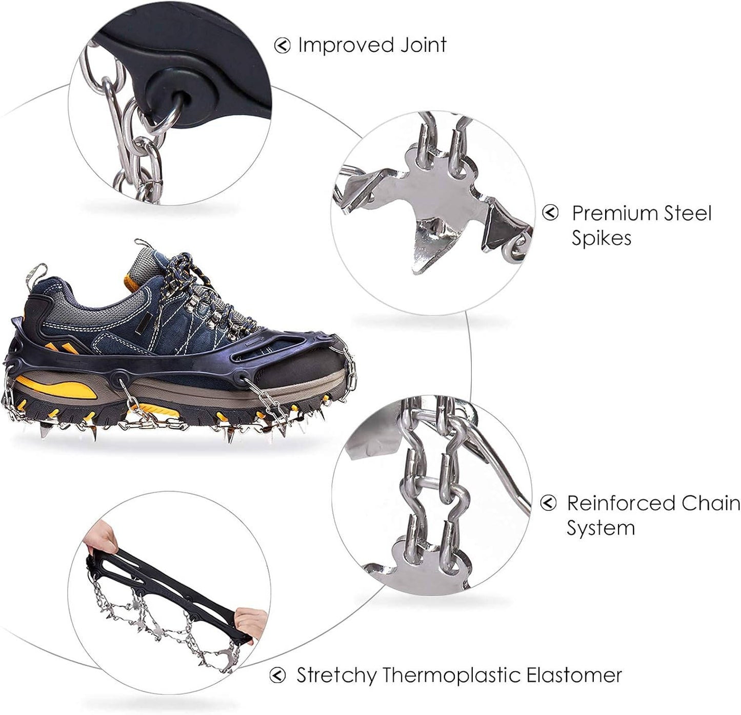 Ice Cleats for Shoes & Boots, 19 Stainless Steel Spikes, Anti Slip Snow Traction Grips for Hiking, Walking & Climbing