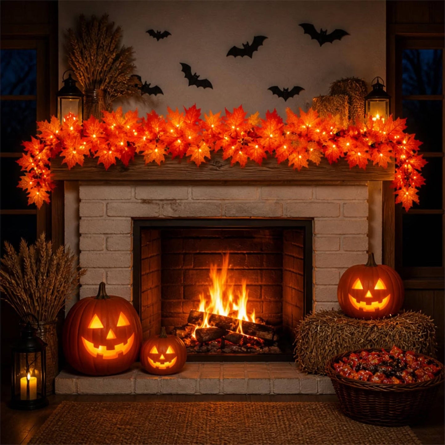 9FT Fall Garland with Lights, 50 Orange Incandescent Bulbs, Plug In Connectable Fall Lights for Indoor Outdoor Halloween Harvest Thanksgiving Decor