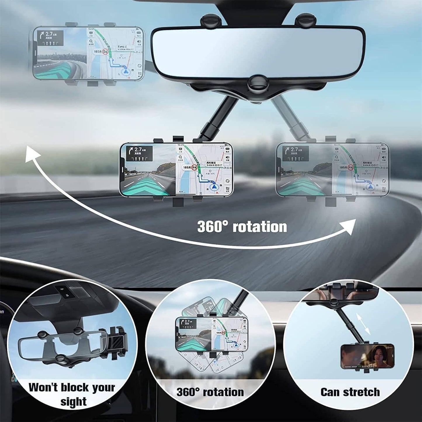 Universal Car Phone Holder Hands Free, Rearview Mirror Adjustable Smartphone Mount