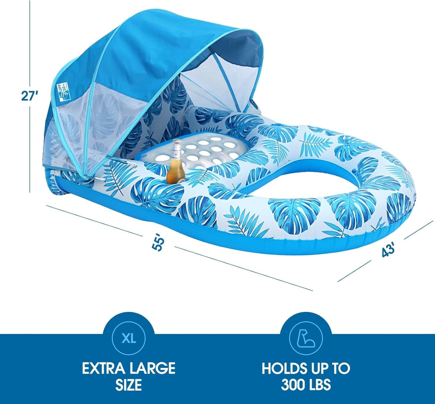 Pool Lounge Float with Canopy with Cup Holder, Backrest, Footrest for Adults, Heavy Duty, Inflatable