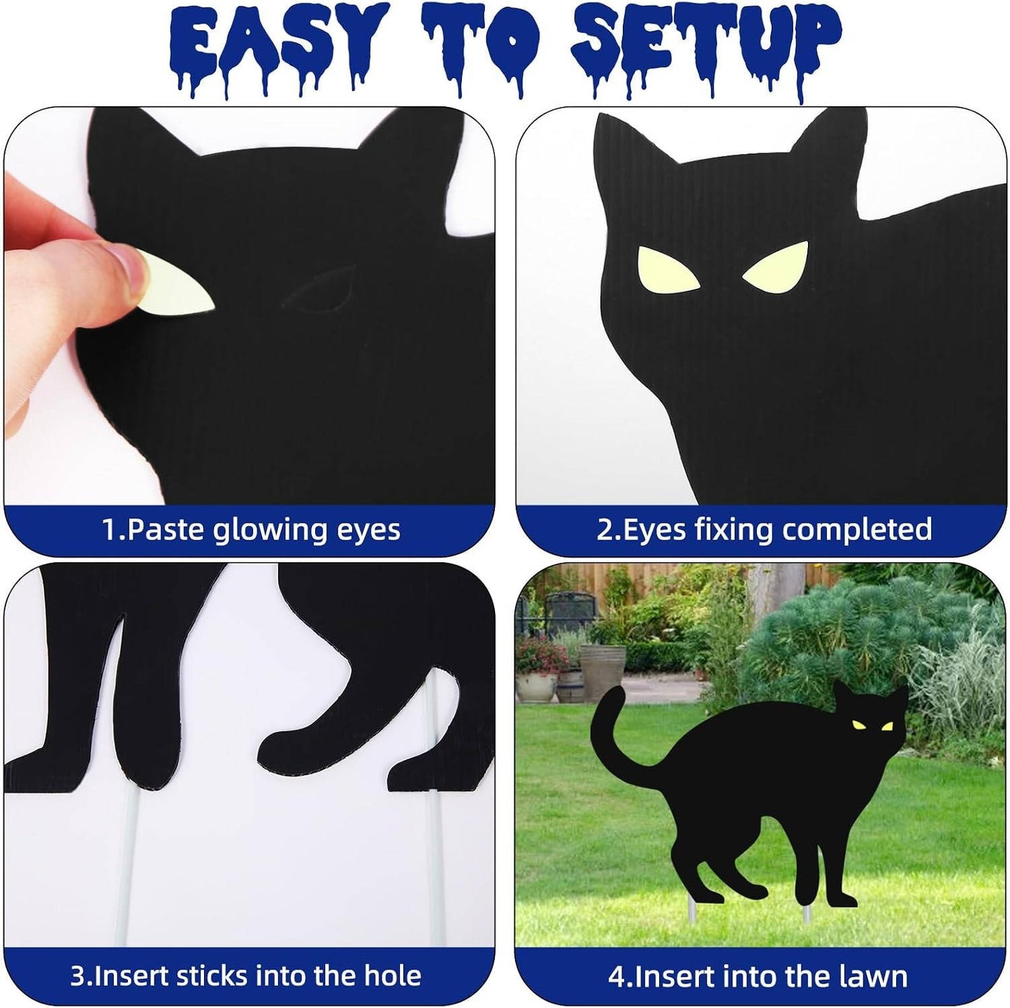 6 Pack Halloween Black Cat Yard Decorations, Waterproof Lawn Signs with Stakes and Glow in Dark Eyes for Outdoor Halloween Decor