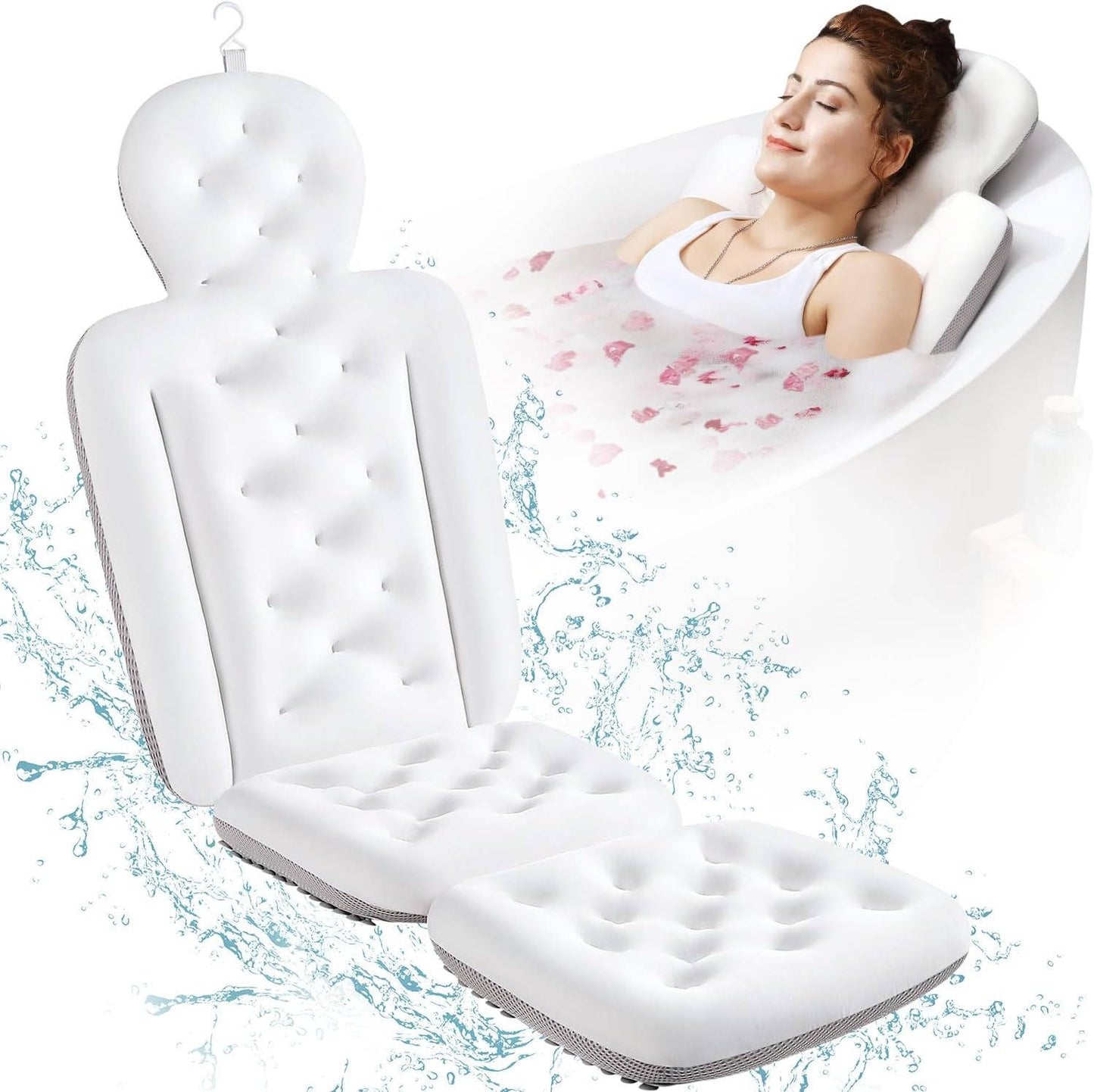 Full Body Bath Pillow for Bathtub, Thick Tub Cushion, Head, Neck & Back Support, Luxury Bath Headrest