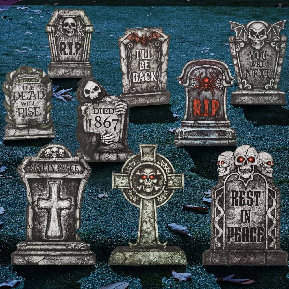 9 PCS 16 Inch Halloween Tombstones, Plastic Graveyard Headstones with 18 Metal Stakes for Outdoor Yard Lawn and Party Decor