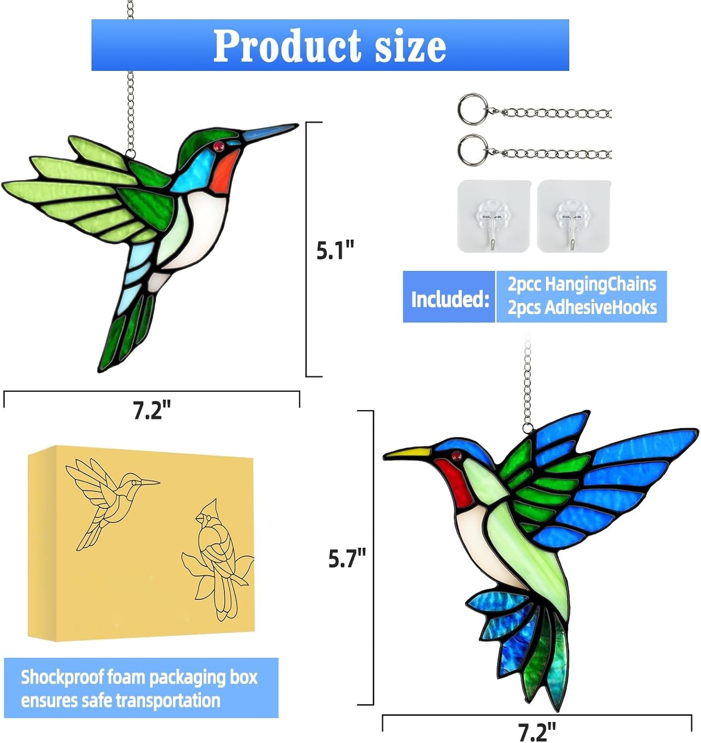 2 Pcs Hummingbird Stained Glass Window Hanging Suncatchers, Handmade Copper Foil Sun Catcher Decor