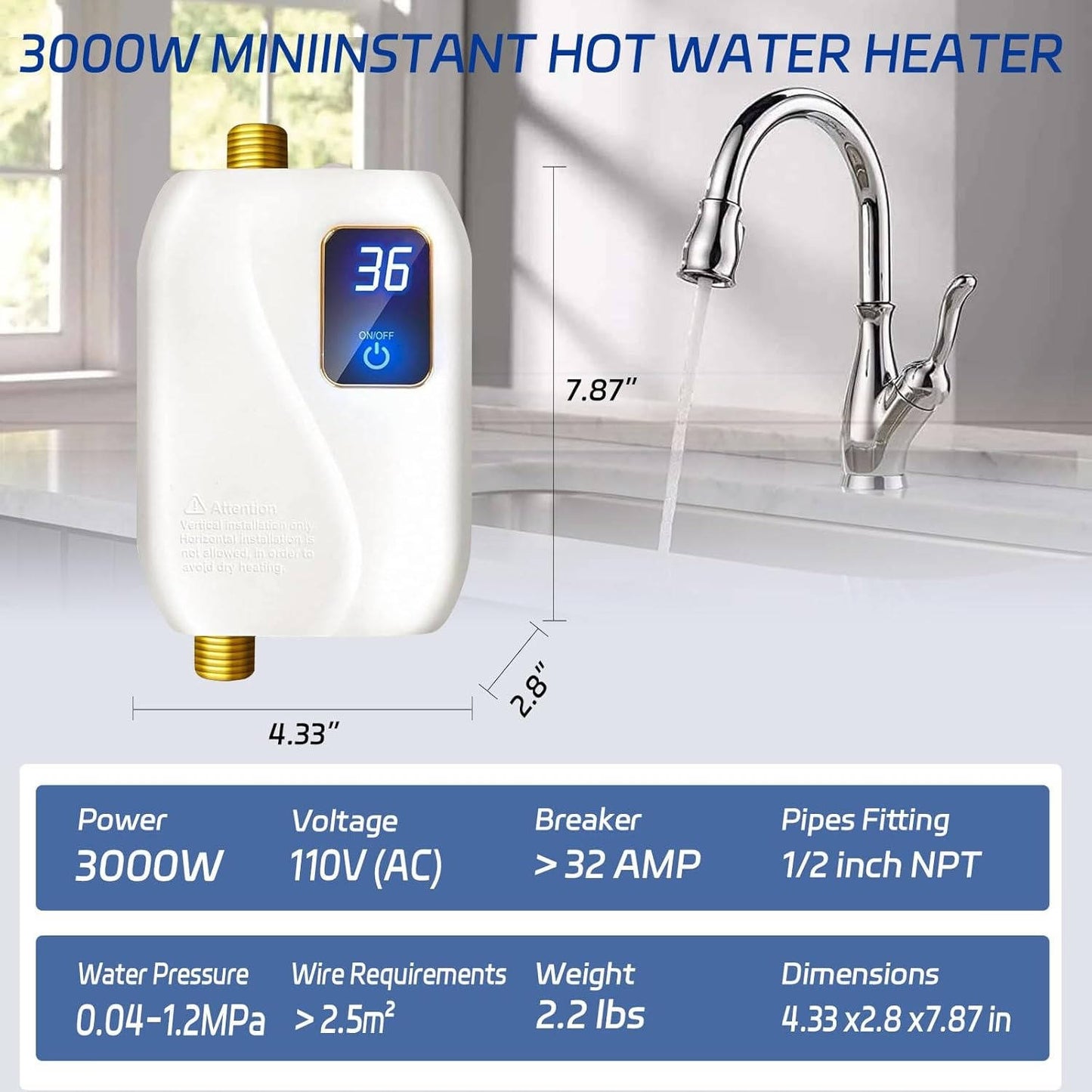 Water Heater Electric 110V, 3000W Instant Electric Water Heater, Under Sink on Demand Hot Water Heater with Digital Display
