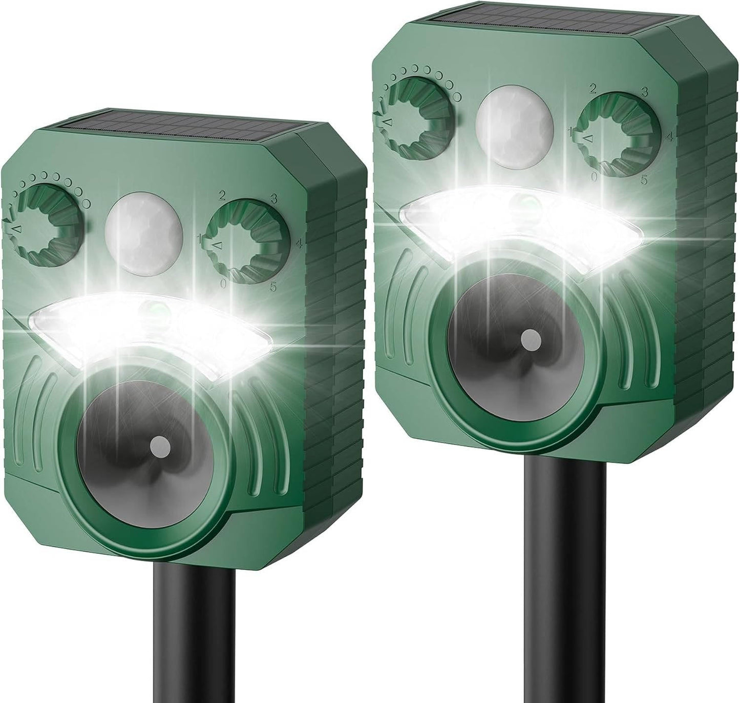 Motion Activated Animal Deterrent with Ultrasonic Sound and Flashing Light, Solar Powered