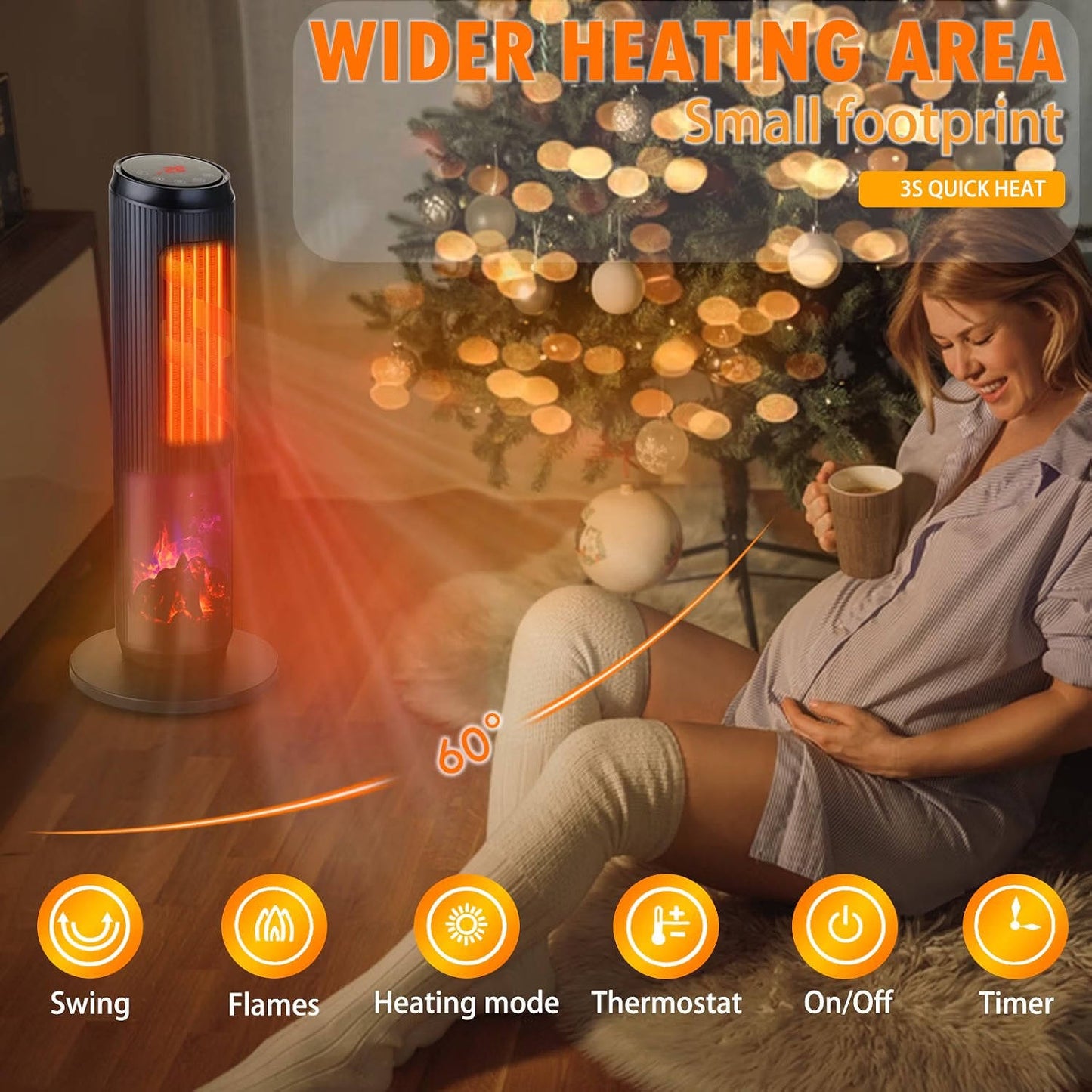 27" Ceramic Tower Space Heater, Electric Heater for Large Rooms with 3D Flame, Oscillation & Remote Control