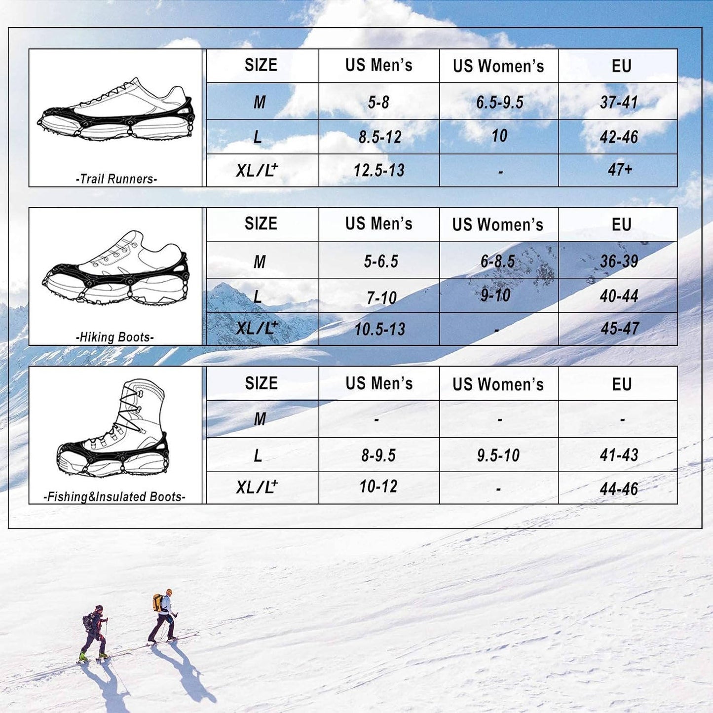 Ice Cleats for Shoes & Boots, 19 Stainless Steel Spikes, Anti Slip Snow Traction Grips for Hiking, Walking & Climbing
