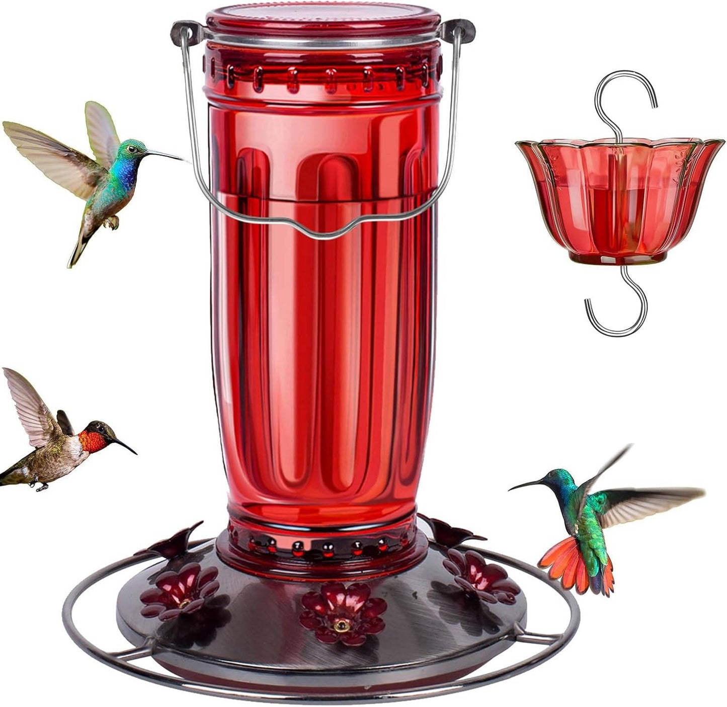 Glass Hummingbird Feeder for Outdoors, Wild Bird Feeder with 6 Feeding Ports for Garden Yard